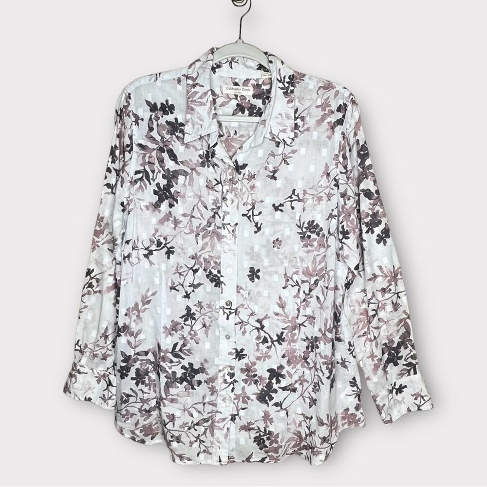 Coldwater Creek Shaped Button Down Blouse Size 1X Floral Shirt Semi-Sheer Gray
